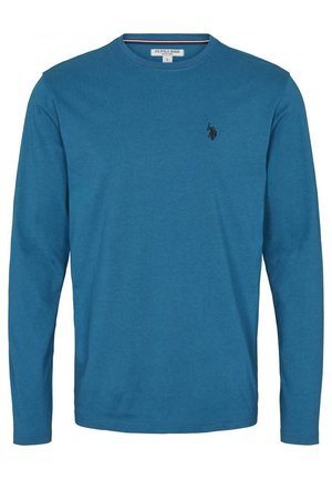 Blue long-sleeve T-shirt in cotton blend with a round neckline. Features a small black logo on the chest and a contrasting inner collar.