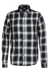 Zwart-wit geblokte button-up shirt van stof met een gladde textuur. Kenmerkt zich door een klassieke kraag en lange mouwen met knoopaccenten.