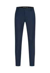 Navy blue, slim-fit trousers made from smooth fabric; features a front zipper, button closure, and standard five-pocket design.