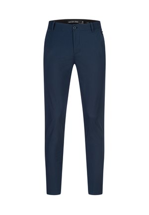 Sötétkék, slim-fit nadrág sima anyagból; elöl cipzárral, gombos zárással és hagyományos öt zsebes kialakítással rendelkezik.