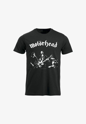 Black cotton t-shirt featuring a white graphic of musicians performing, with "Motörhead" branded above in bold, stylized font.