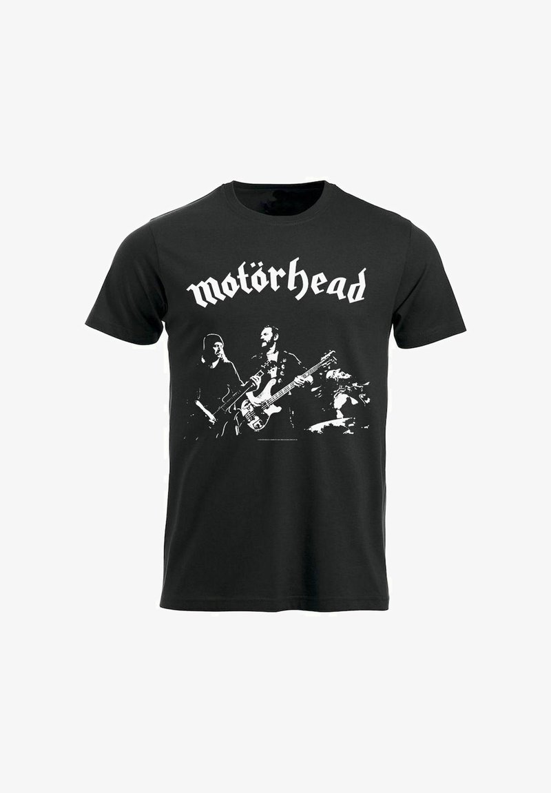 Svart bomull T-skjorte med et hvitt grafikk av musikere som opptre, med "Motörhead" merket over i fedig, stilisert skrift.
