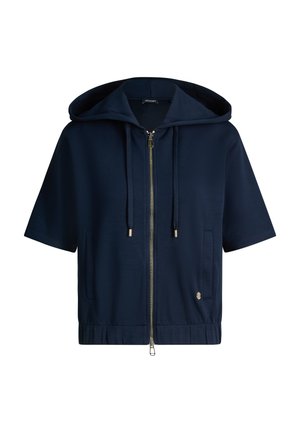 Donkerblauwe zip-up hoodie met korte mouwen, voorzakken, capuchon met trekkoord en een klein metalen logo nabij de zoom.
