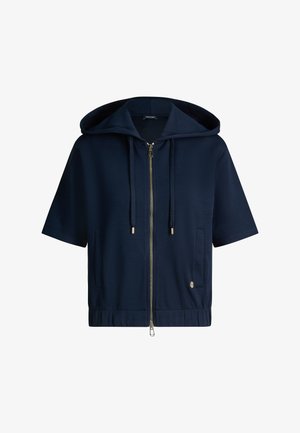 Marineblauer Kurzhosen-Zip-Hoodie mit Fronttaschen, Kordelzugkapuze und einem kleinen Metalllogo nahe dem Saum.