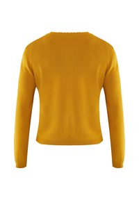 Žlutý pletený svetr s kulatým výstřihem, dlouhými rukávy a zkráceným střihem. Hladká textura a žebrovaný lem. Zobrazená zadní část.