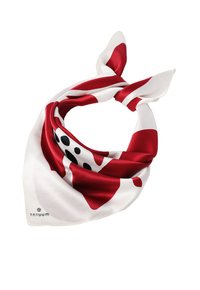 Jedwabny szal o białym tle, z odważnymi, czerwonymi i czarnymi wzorami abstrakcyjnymi. Węzeł zawiązany na jednym końcu, gładka tekstura. Logo TATTUUM widoczne.