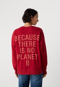 Roter Pullover mit großem, erhabenem Text auf der Rückseite, der "WEIL ES KEINEN PLANETEN B GIBT" lautet. Rippkragen und -bündchen, lockere Passform.