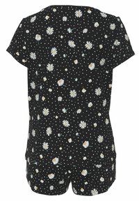 Schwarzes Kleidungsstück mit kurzen Ärmeln, das ein farbenfrohes Gänseblümchen- und Punktmuster aufweist, aus leichtem Stoff gefertigt und für Komfort und Bewegungsfreiheit konzipiert.