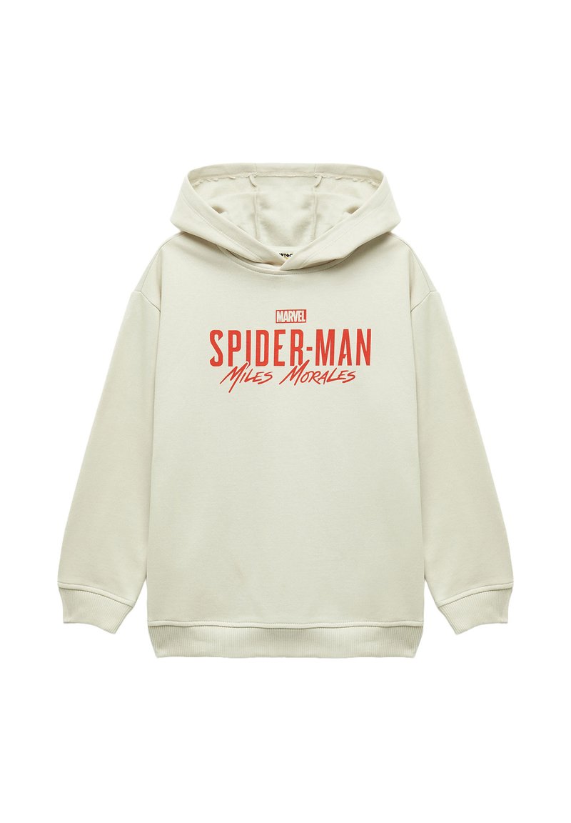 Kermanvärinen huppari, joka on valmistettu pehmeästä kankaasta. Edessä on punainen graafinen kuva "MARVEL SPIDER-MAN Miles Morales". Sisältää säätöny�örit huppua varten.
