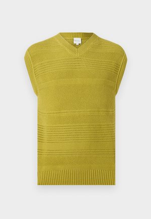 Gilet en tricot sans manches de couleur vert olive avec des motifs horizontaux texturés et un col en V.