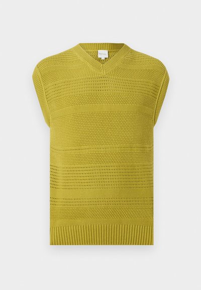 Gilet en tricot sans manches de couleur vert olive avec des motifs horizontaux texturés et un col en V.