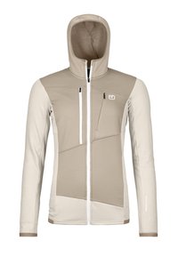 Beige Kapuzenjacke mit strukturierten Ärmeln, weißem Reißverschluss und kantigem Panel-Design. Verfügt über eine Brusttasche und ein Logodetail auf der Brust.