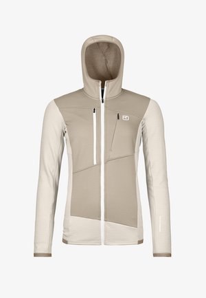Beige hooded jacket with textured arms, white zipper, and angular panel design. Features a chest pocket and logo detail on the chest.