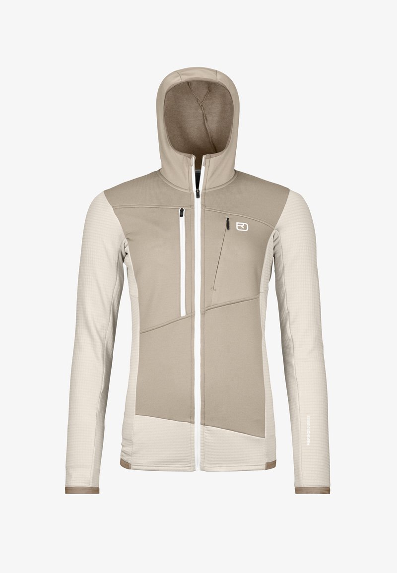 Beige hooded jacket with textured arms, white zipper, and angular panel design. Features a chest pocket and logo detail on the chest.