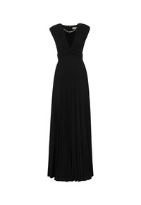 Abito maxi senza maniche di colore nero con scollatura a V profonda, texture plissettata e accentuazione dorata al collo, caratterizzato da un punto vita aderente e una gonna fluida.