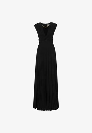 Abito maxi senza maniche di colore nero con scollatura a V profonda, texture plissettata e accentuazione dorata al collo, caratterizzato da un punto vita aderente e una gonna fluida.