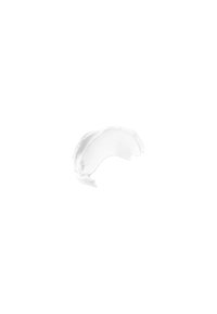 Witte crème of lotion die met een gladde textuur en een lichtglanzende afwerking is uitgesmeerd, met een gebogen vorm tegen een lege achtergrond.