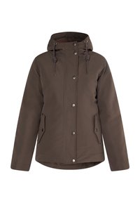 Bruine buitenjas met een capuchon, voorzien van zilveren knopen, trekkers en zijzakken. Glad van texture en een gestructureerd ontwerp.