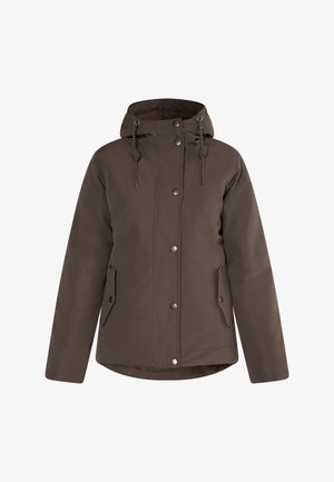 Veste d'extérieur marron avec une capuche, ornée de boutons argentés, de cordons de serrage et de poches latérales. Texture lisse et design structuré.