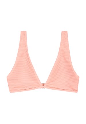 Hellrosa geripptes Bikinioberteil aus Stoff mit tiefem V-Ausschnitt und Verschluss vorne, auf weißem Hintergrund präsentiert.