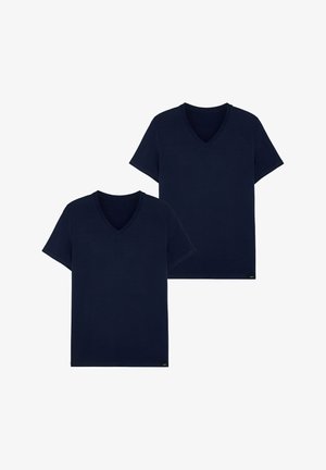 To navyblå v-hals t-shirts lavet af blødt stof, med korte ærmer og en klassisk pasform. Ingen bemærkelsesværdige mønstre eller hardware.