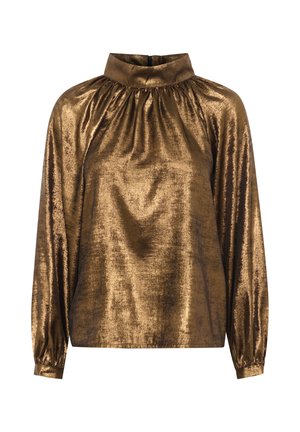 Bronze langærmet top med høj hals, der har rynkedetaljer ved kraven og manchetterne, glat og skinnende tekstur.