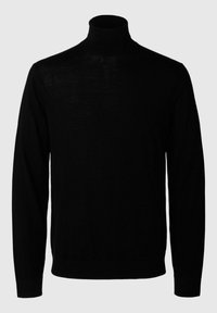 Svart polotröja i stickad tyg, med långa ärmar och en åtsittande design, med mjukt material och minimala sömmar.