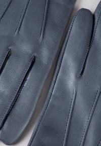 Dark blue leather gloves featuring a smooth texture, five-finger design, and vertical stitched accents for a tailored look.
