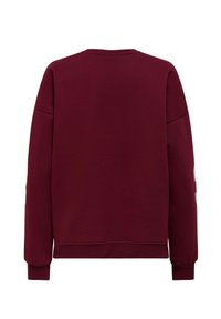 Burgundivärisen collegehoodie, med rund hals, långa ärmar och elastiska muddar. Slät tyg med en enkel struktur, utan synliga mönster eller grafik.