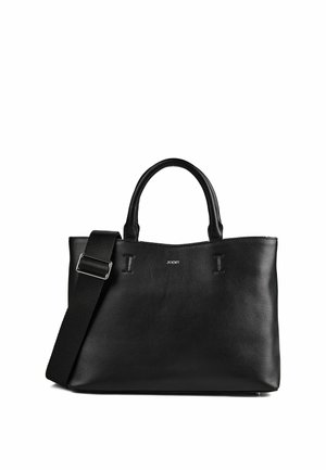 Schwarze Lederhandtasche mit zwei Griffen, einem abnehmbaren Schulterriemen und einem kleinen, mittig platzierten Logo vorne.