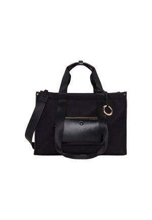 Sac fourre-tout rectangulaire noir avec poignées doubles, poche avant zippée, petite pochette avec clip et un anneau doré en accessoire sur la poignée.