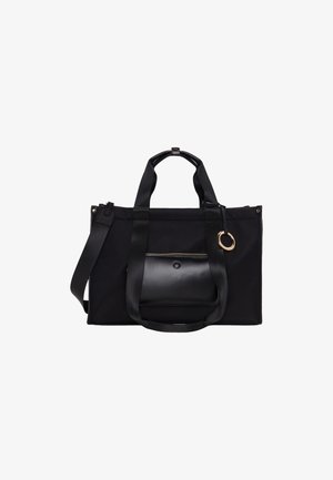 Sac fourre-tout rectangulaire noir avec poignées doubles, poche avant zippée, petite pochette avec clip et un anneau doré en accessoire sur la poignée.