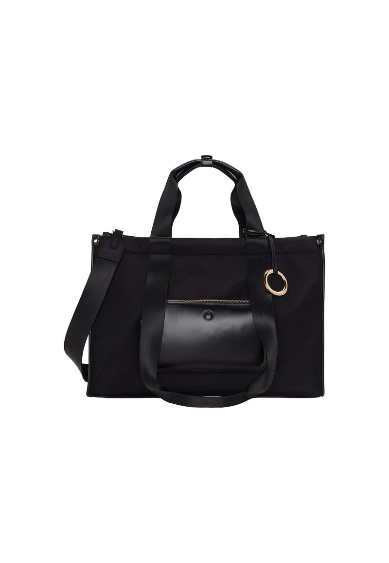 Sac fourre-tout rectangulaire noir avec poignées doubles, poche avant zippée, petite pochette avec clip et un anneau doré en accessoire sur la poignée.