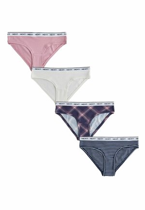 Set of four women's briefs in pink, white, navy plaid, and navy striped designs. Each features a contrasting elastic waistband with "NEXT" logo.