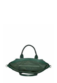 Sac à main en cuir vert foncé avec deux poignées, fermeture éclair ouverte révélant l'intérieur avec une poche zippée et des compartiments plats.