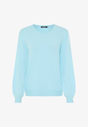 Hellblauer Pullover aus weichem Stoff, mit rundem Halsausschnitt, langen Ärmeln und gerippten Bündchen und Saum. Schlichte, glatte Textur.