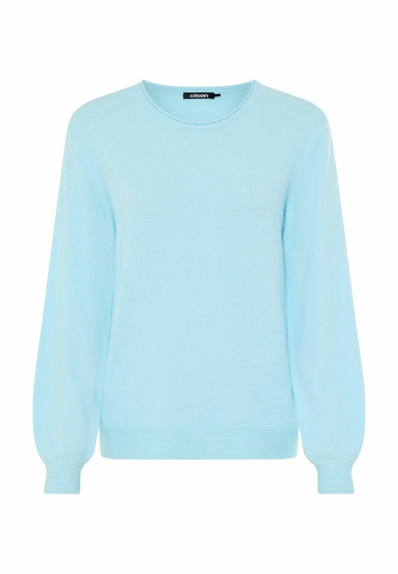 Hellblauer Pullover aus weichem Stoff, mit rundem Halsausschnitt, langen Ärmeln und gerippten Bündchen und Saum. Schlichte, glatte Textur.