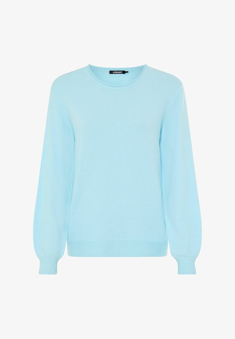 Hellblauer Pullover aus weichem Stoff, mit rundem Halsausschnitt, langen Ärmeln und gerippten Bündchen und Saum. Schlichte, glatte Textur.