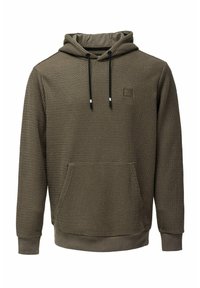 Felpa marrone con texture a nido d'aped, design a wafer, cappuccio regolabile con cordino, tasca frontale e polsini e orlo a coste. Toppa con logo del marchio sul petto.