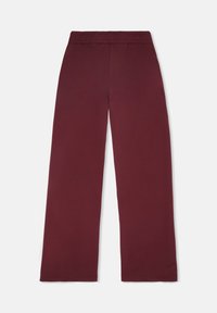 Pantaloni larghi bordeaux con vita elastica. Tessuto morbido, senza motivi o dettagli visibili, taglio dritto dalla vita alla caviglia.