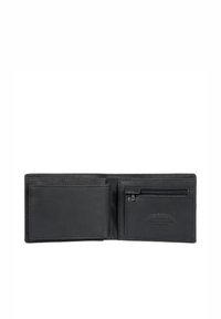 Cartera de cuero negra con un diseño de dos pliegues, que cuenta con un slot para tarjetas, un bolsillo con cremallera para monedas y un logotipo estampado en el lado interior.