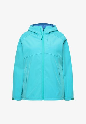 Aqua sininen hupullinen takki, jossa on etuvetoketju, kaksi sivutaskua ja pehmeä tekstuuri. Ominaisuuksiin kuuluvat kontrastiväriset tikkaukset ja säädettävä drawstring-huppu.