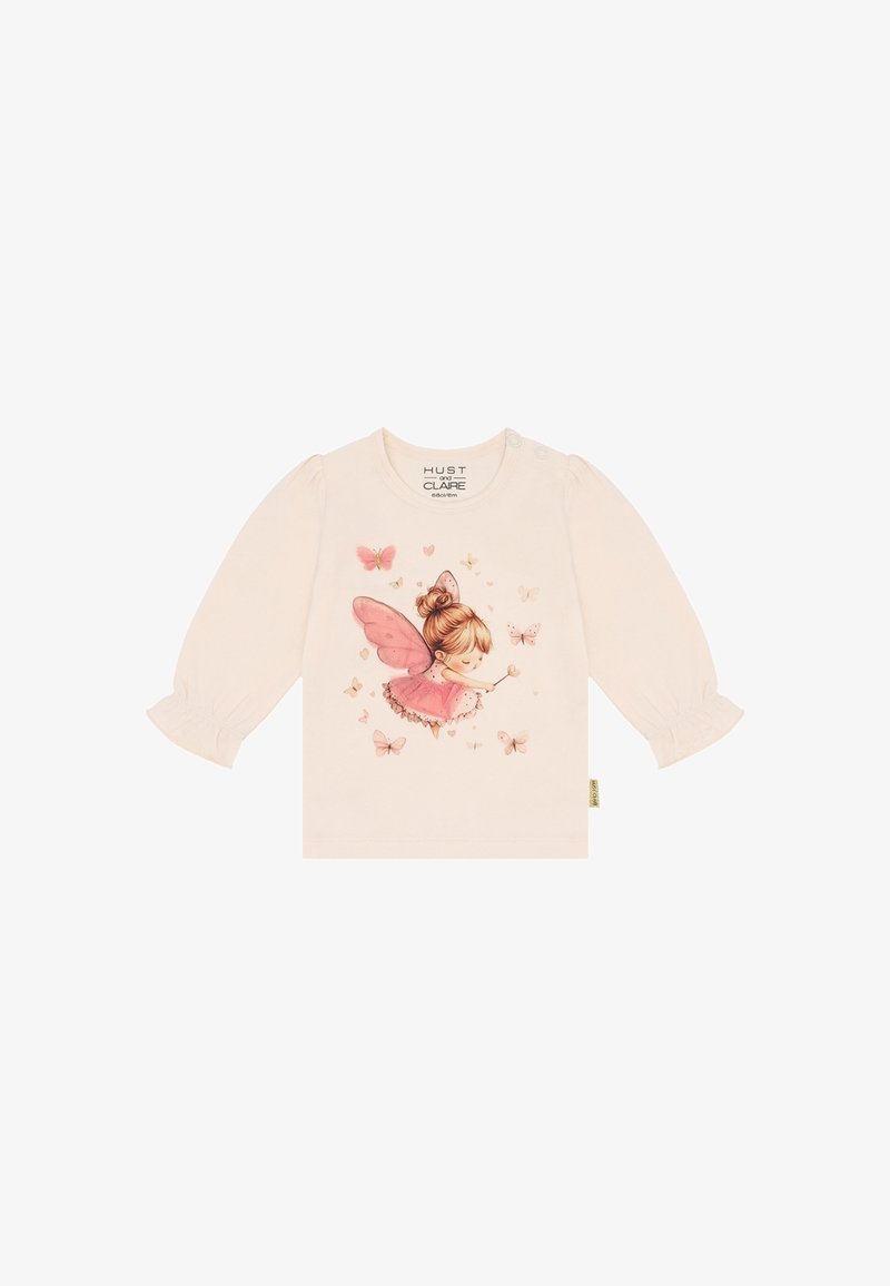 Chemise crème à manches longues pour tout-petit avec une illustration de fée rose entourée de papillons et de petits cœurs sur le devant.