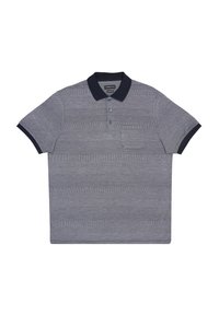 Polo gris rayé avec un col et des poignets navy, comportant trois boutons bleus et une petite poche poitrine. Tissu doux et texturé.
