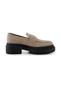 Beige suede loafer with a sturdy black rubber sole and a raised platform, featuring a stitched design and a decorative strap across the vamp.