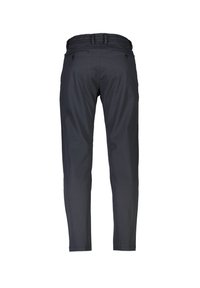 Pantalones ajustados de color azul oscuro con cintura elástica, dos bolsillos traseros con botones y textura de tela suave. Diseño clásico con un mínimo de detalles.