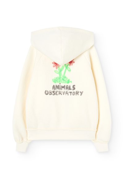 Felpa crema con design floreale rosso e verde e testo "ANIMALS OBSERVATORY" sul retro, con maniche lunghe e cappuccio.