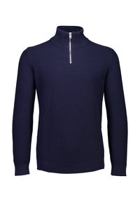Navyblauer Pullover mit Halb-Reißverschluss und strukturiertem Strickmuster, langen Ärmeln sowie gerippten Bündchen und Saum. Silberner Reißverschluss am Kragen.