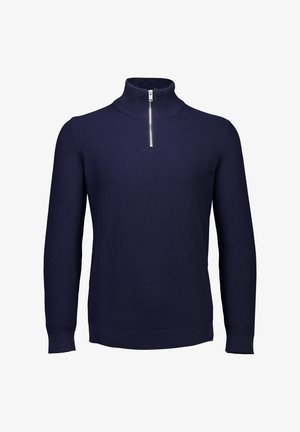 Suéter pullover azul marino con media cremallera, patrón de punto texturizado, mangas largas y puños y dobladillo acanalados. Detalle de cremallera plateada en el cuello.