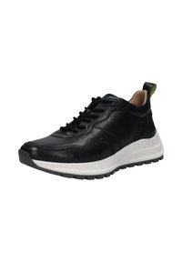Black leather sneaker with a curved, white midsole, textured surface, black outsole, and green accent at the heel. Features lace-up design.